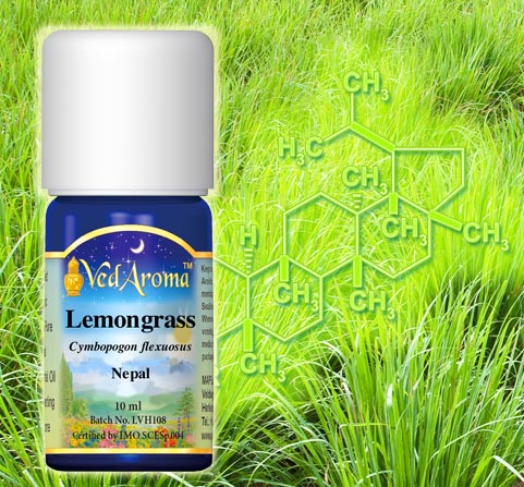 A bottle of VedAroma Lemongrass esesential oil is shown along with a photo of lemongrass growing in the field and the chemical structure of the essential oil.