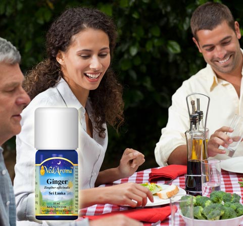 A bottle of VedAroma Ginger essential oil shown with a group of people eating a picnic meal.