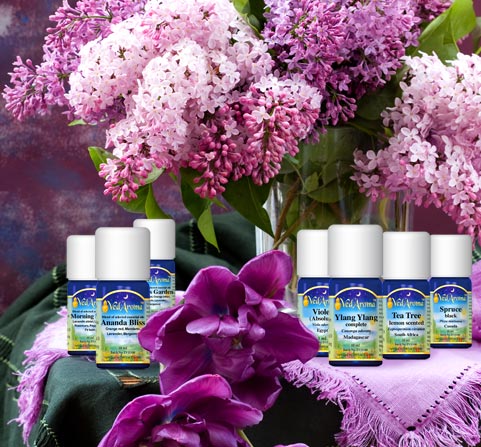 A selection of VedAroma essential oil and blend bottles on a table with a full bouquet of lilacs in a glass vase.