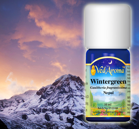 A bottle of VedAroma Wintergreen essential oil is shown with a beautiful mountain landscape from Nepal, the source of our Wintergreen oil.